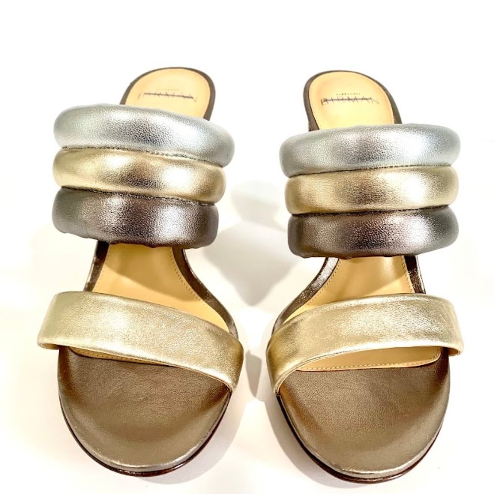 Alexandre Birman Leather Heel Sandals Gold & Silver, chunky sandal